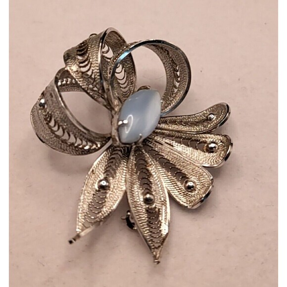 Alice Caviness Jewelry - Alice Caviness Sterling Silver FIower Filigree Blue Tiger's Eye Brooch